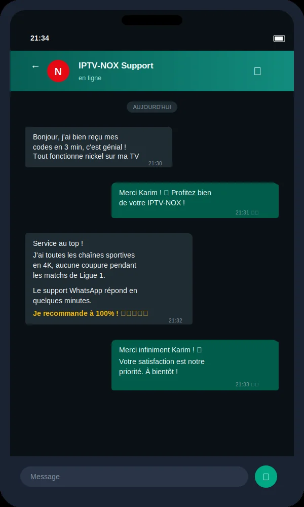 Avis client IPTV NOX 5 étoiles - Karim de Lyon recommande pour les chaînes sportives Ligue 1 en 4K