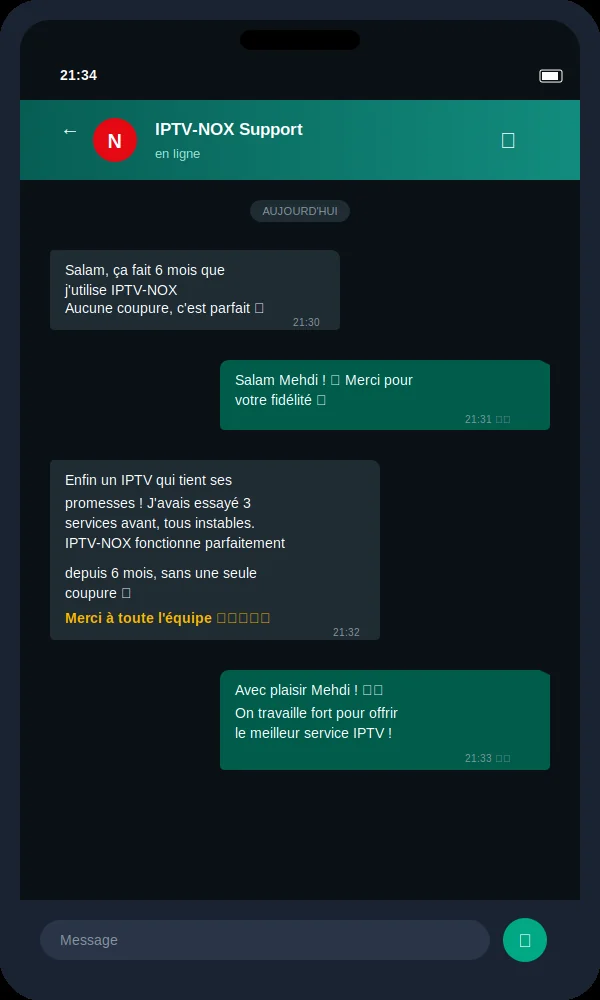 Avis client IPTV NOX 5 étoiles - Mehdi de Marseille fidèle 6 mois sans aucune coupure, fiabilité supérieure