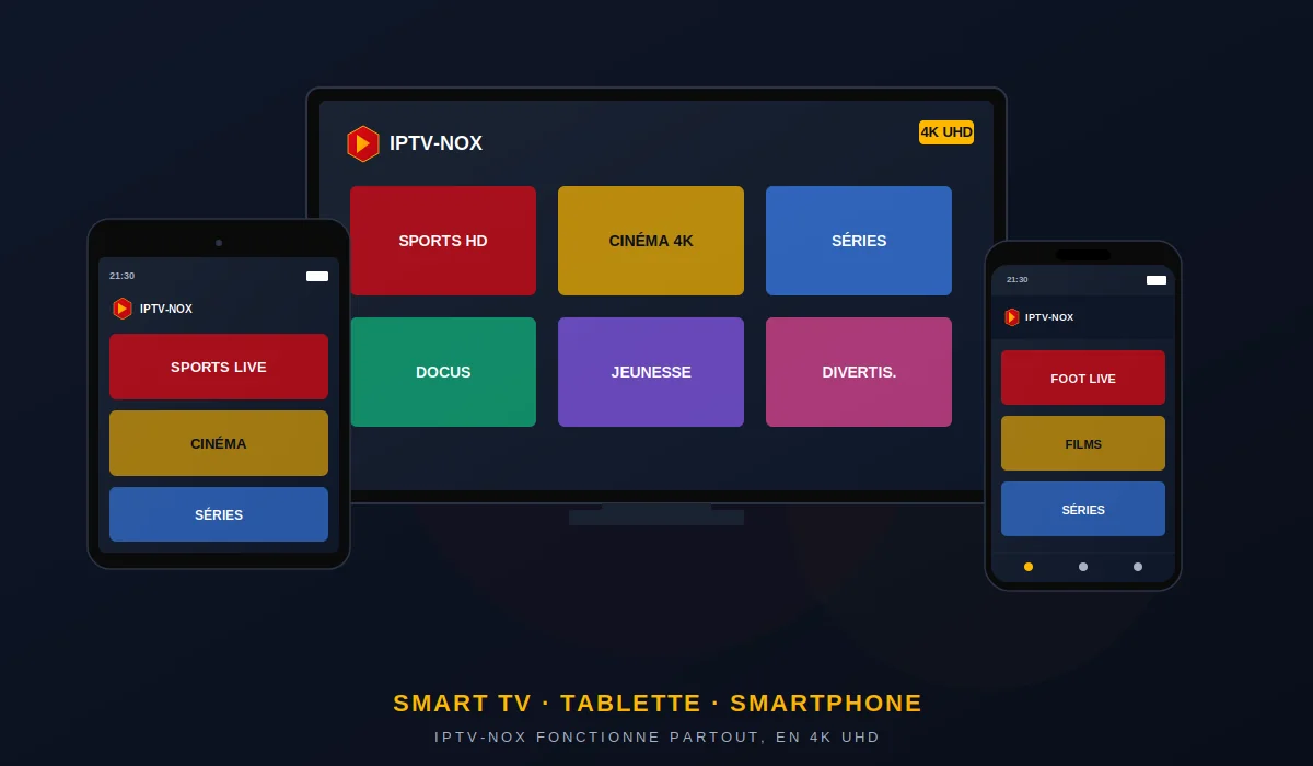 IPTV NOX compatible Smart TV, tablette et smartphone - Streaming 4K sur tous vos appareils Samsung, LG, Apple, Android